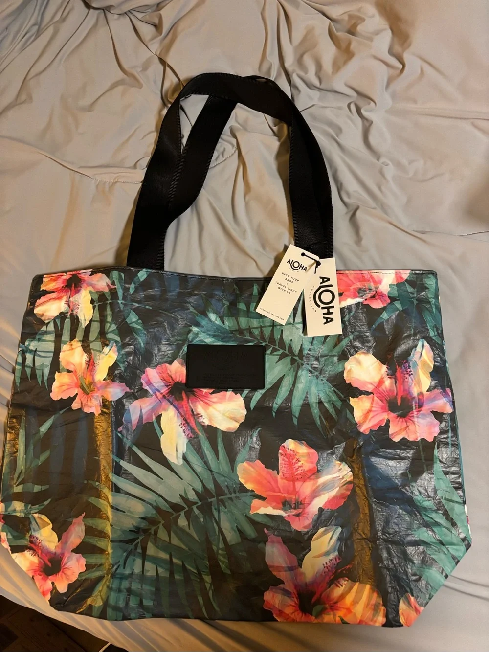 ALOHAS Tropical Floral Tote - Black Straps with Pink & Green Print